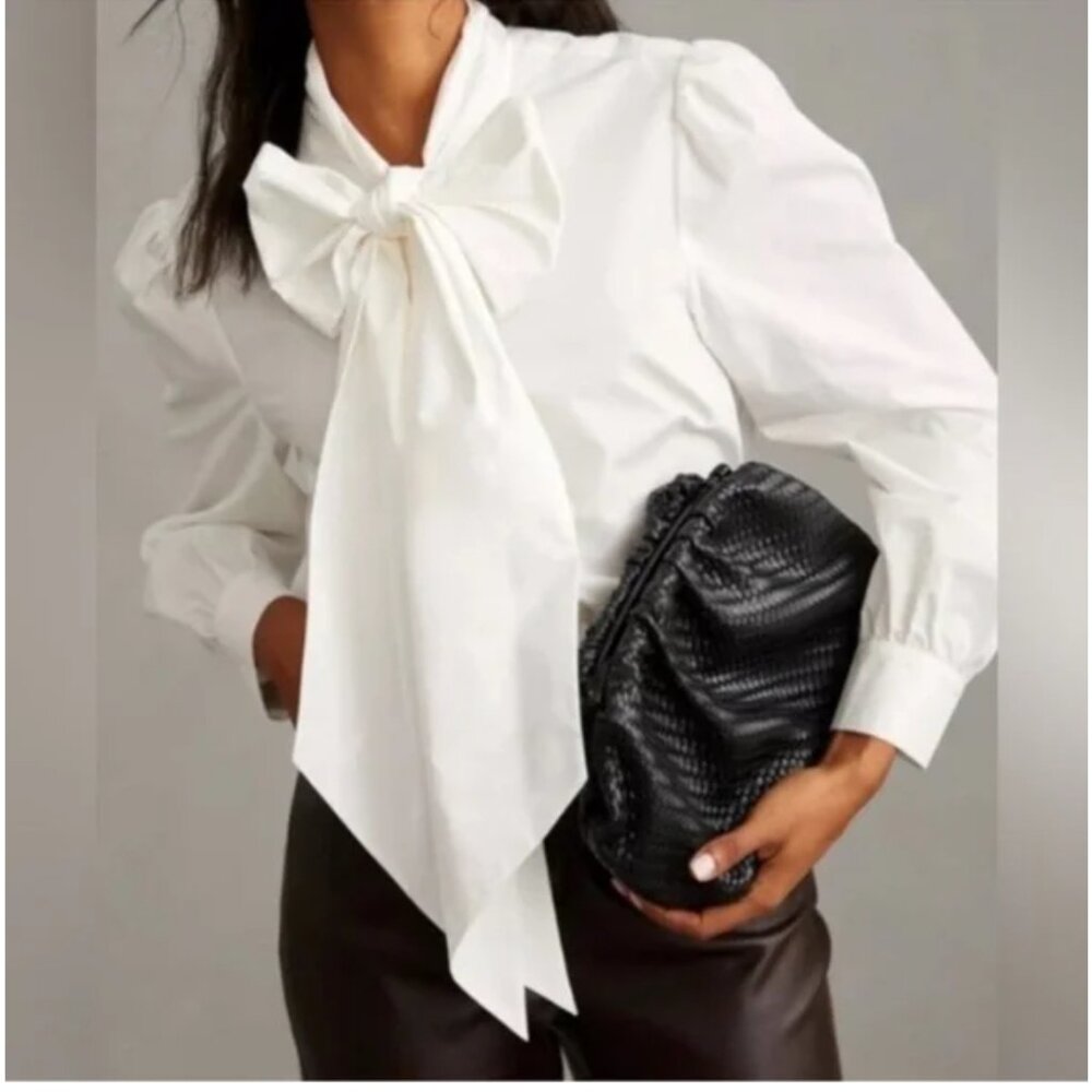 Mare Mare X ANTHROPOLOGIE Holiday Neck Tie Bow Puff Sleeve Button Down Top XS